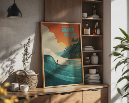 Noosa Heads Surf Club Poster: Surfer Riding Wave, Coastal Art Print - Travel Wall Art