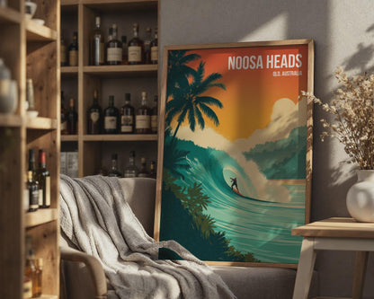 Noosa Heads Surfing Print Art Poster QLD Australia Tropical Waves - Travel Wall Art