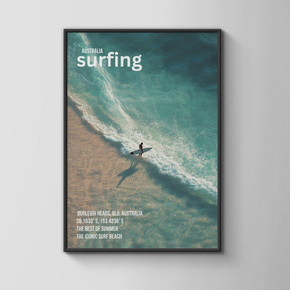 Surfing Poster Burleigh Heads Ocean Wall Art Australian Beach Print - Travel Wall Art