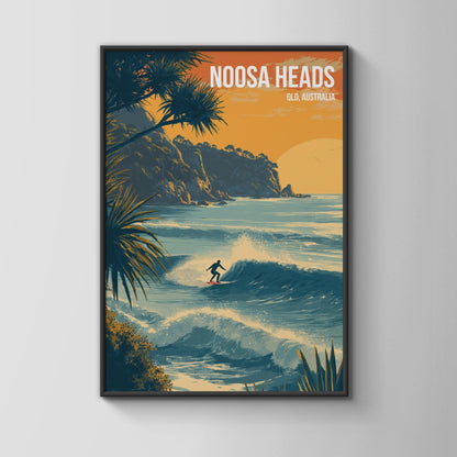 Surfing Scene Noosa Heads Poster Print Wall Art QLD Australia - Travel Wall Art