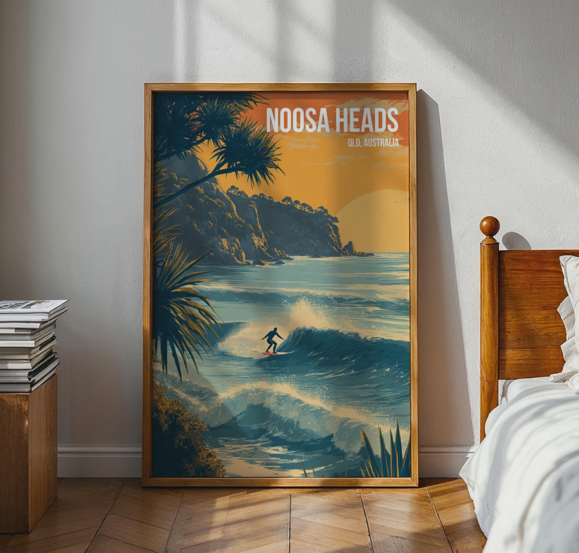 Surfing Scene Noosa Heads Poster Print Wall Art QLD Australia - Travel Wall Art