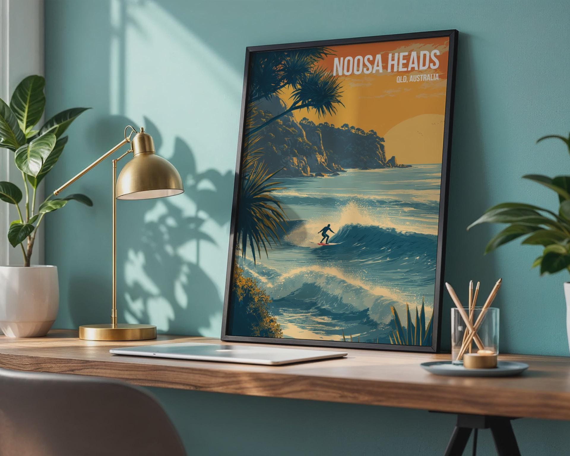 Surfing Scene Noosa Heads Poster Print Wall Art QLD Australia - Travel Wall Art