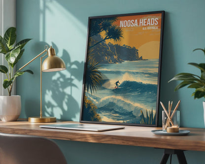 Surfing Scene Noosa Heads Poster Print Wall Art QLD Australia - Travel Wall Art