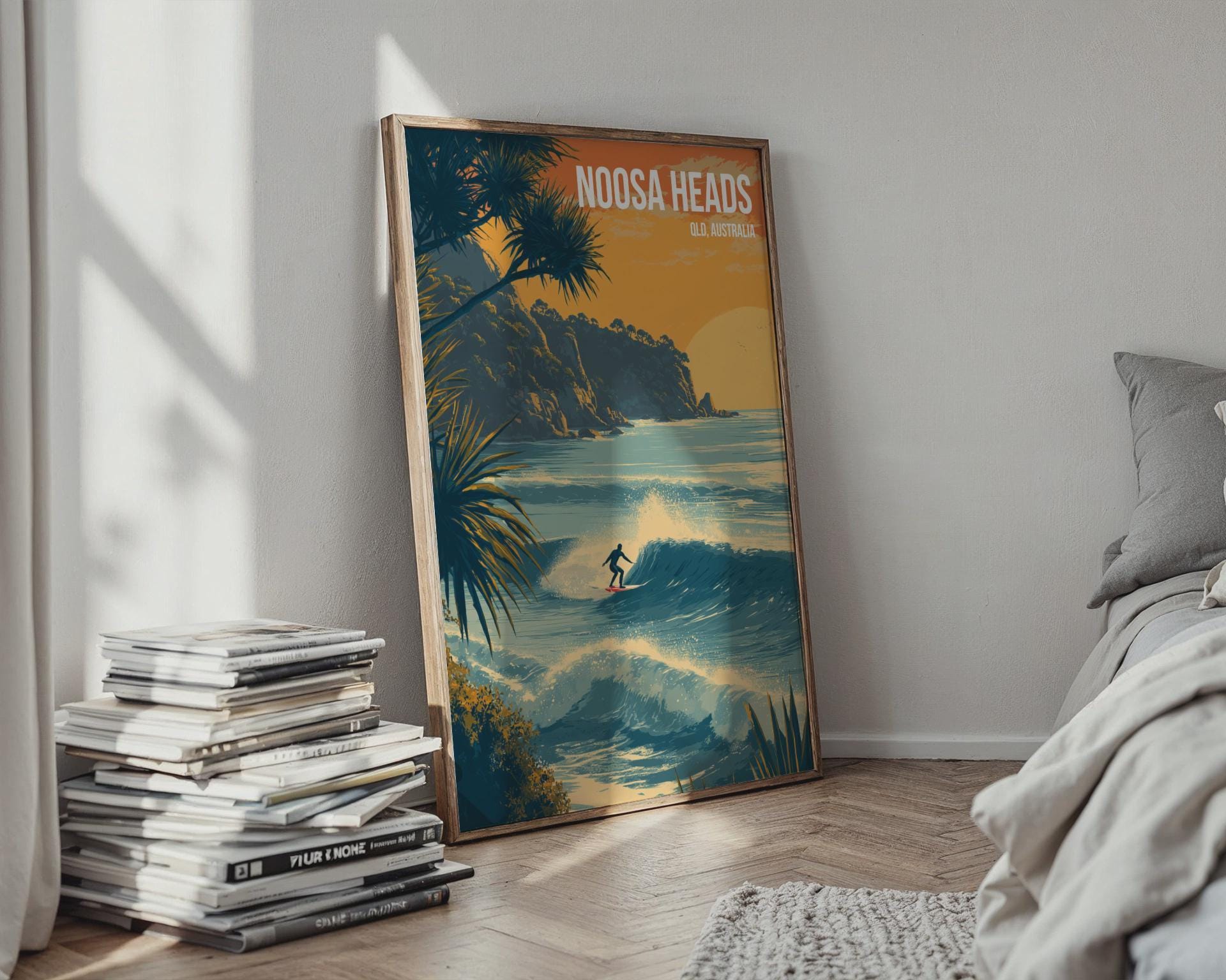 Surfing Scene Noosa Heads Poster Print Wall Art QLD Australia - Travel Wall Art