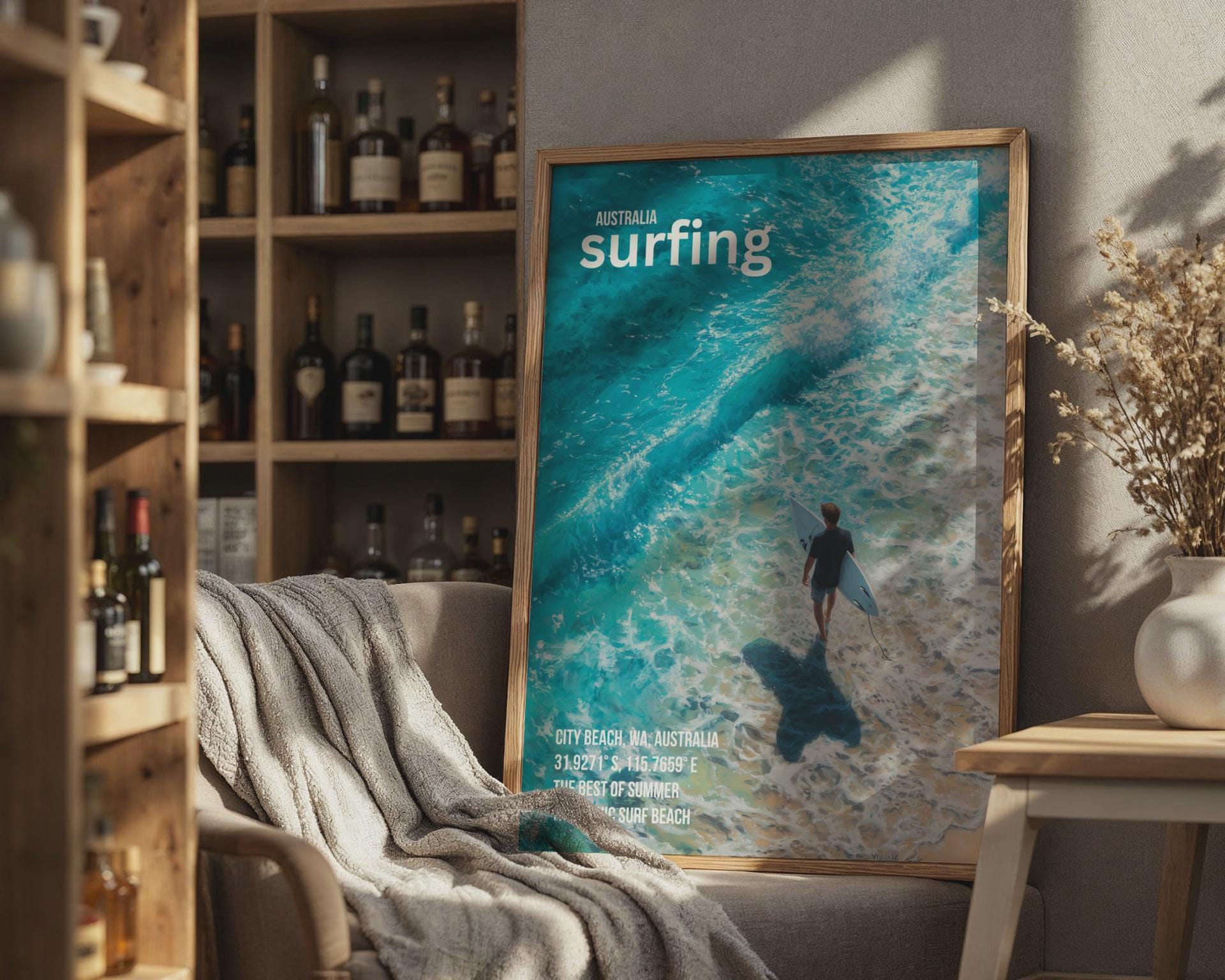 City Beach Surfing Print Ocean Artwork Poster - Travel Wall Art