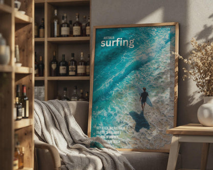 City Beach Surfing Print Ocean Artwork Poster - Travel Wall Art