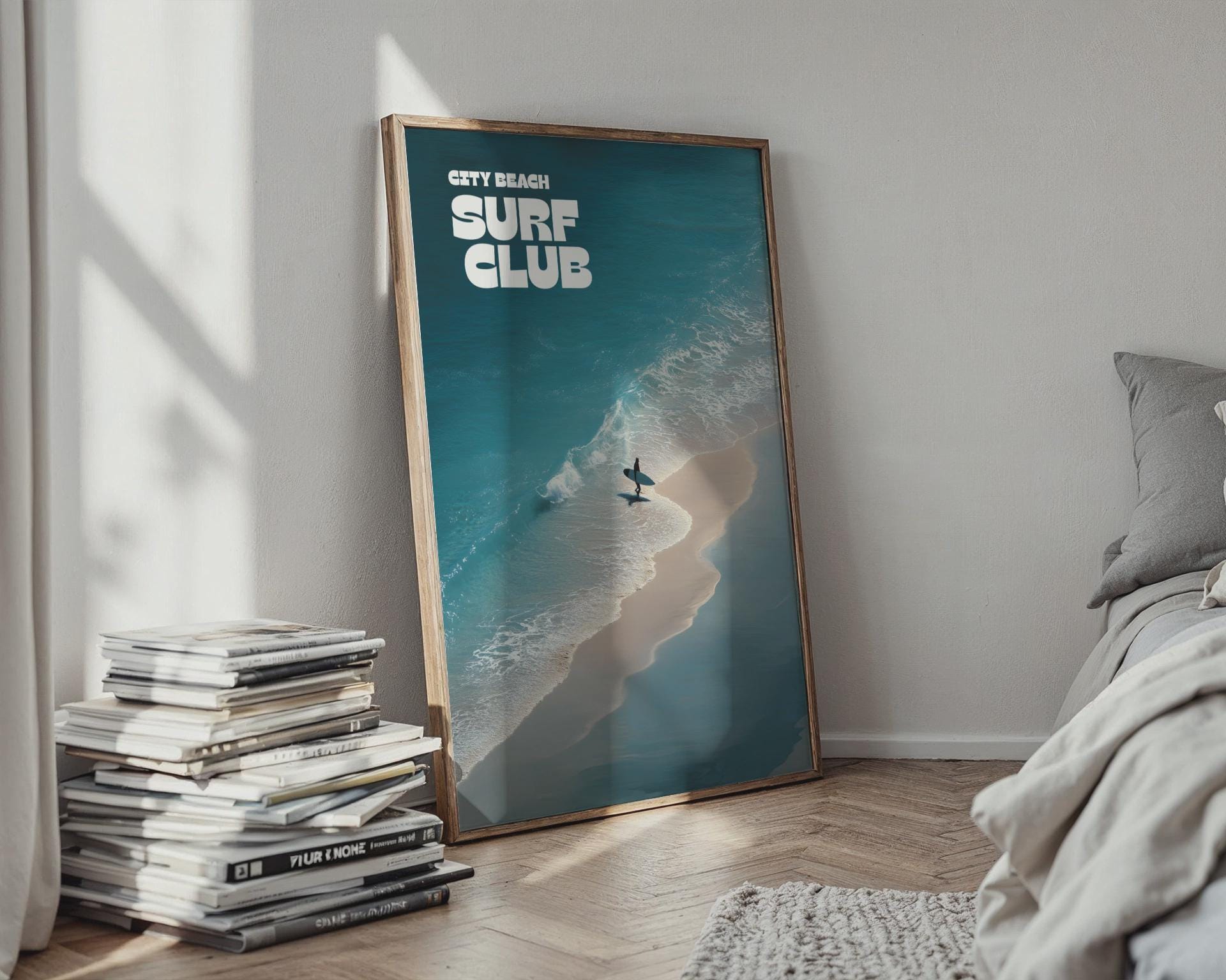 Surf Club Wall Art Beach Print with Ocean Waves and Surfer - Travel Wall Art