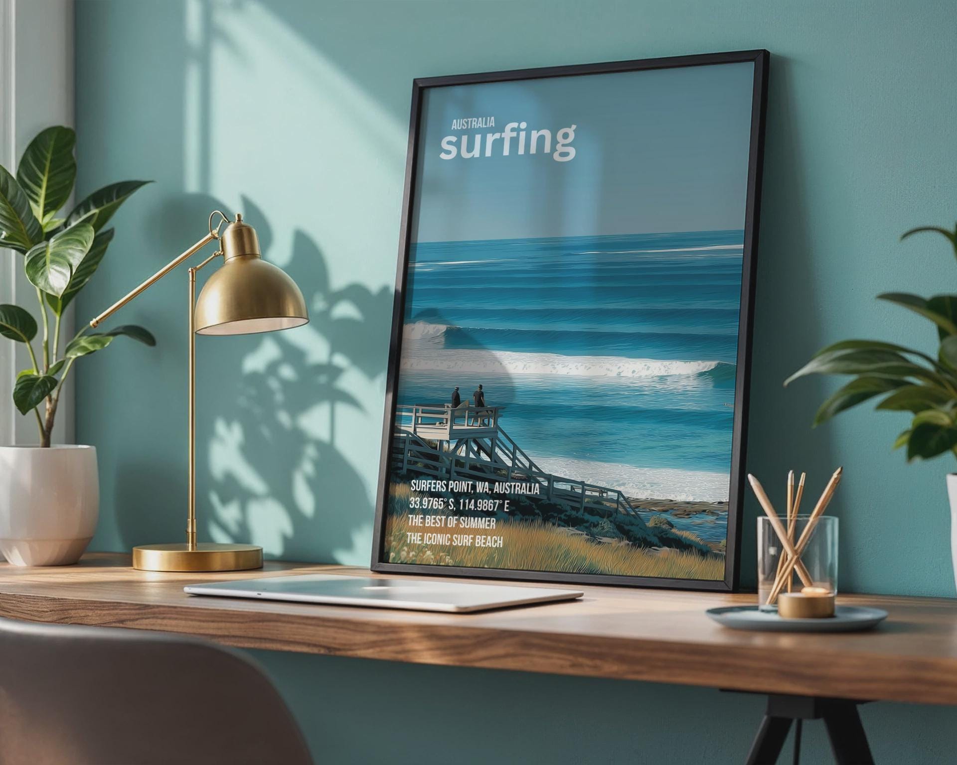Surfers Point WA Surfing Poster Art Print Beach Landscape - Travel Wall Art