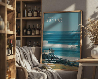 Surfers Point WA Surfing Poster Art Print Beach Landscape - Travel Wall Art