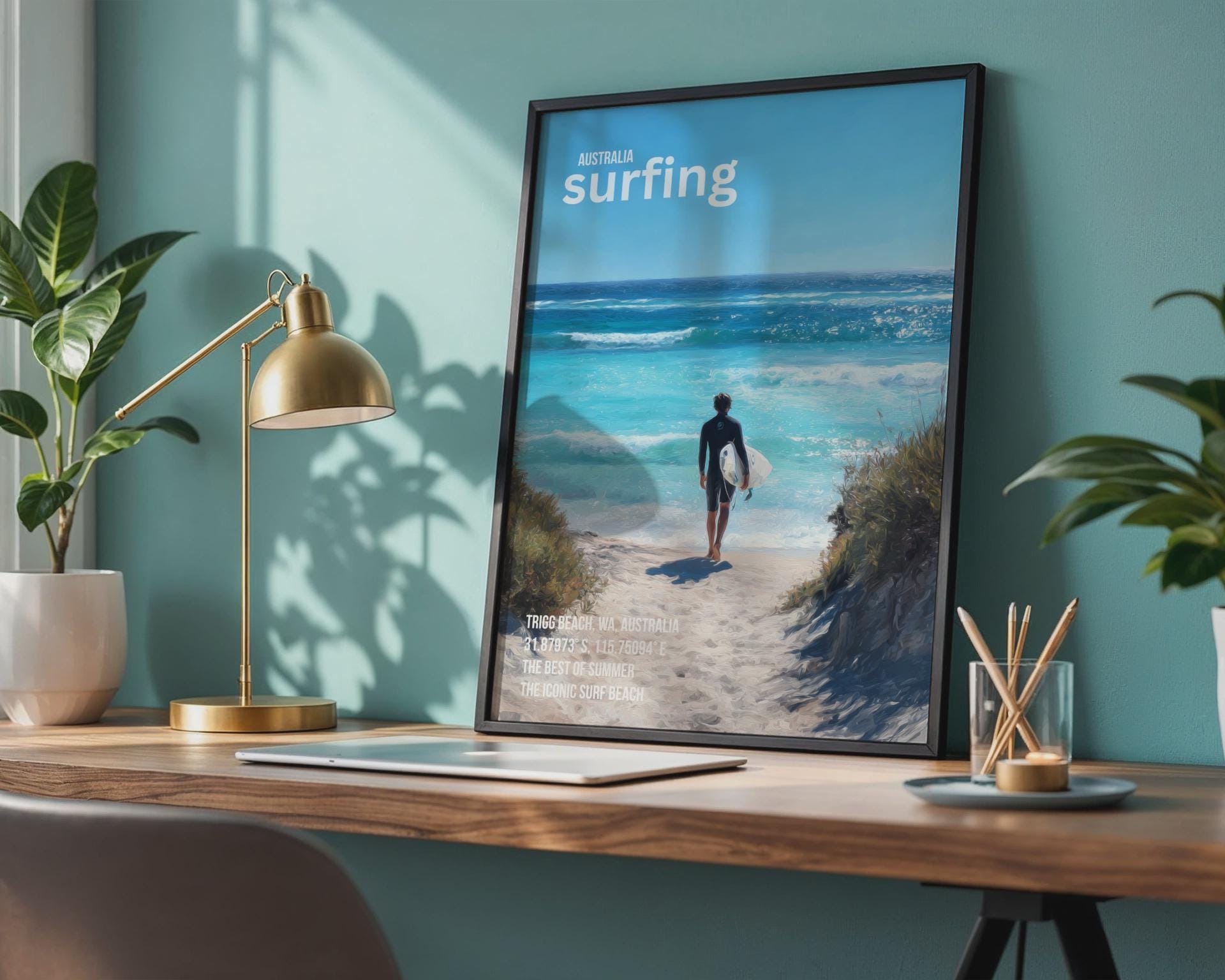 Surfing Poster Trigg Beach Australia Art Print - Travel Wall Art