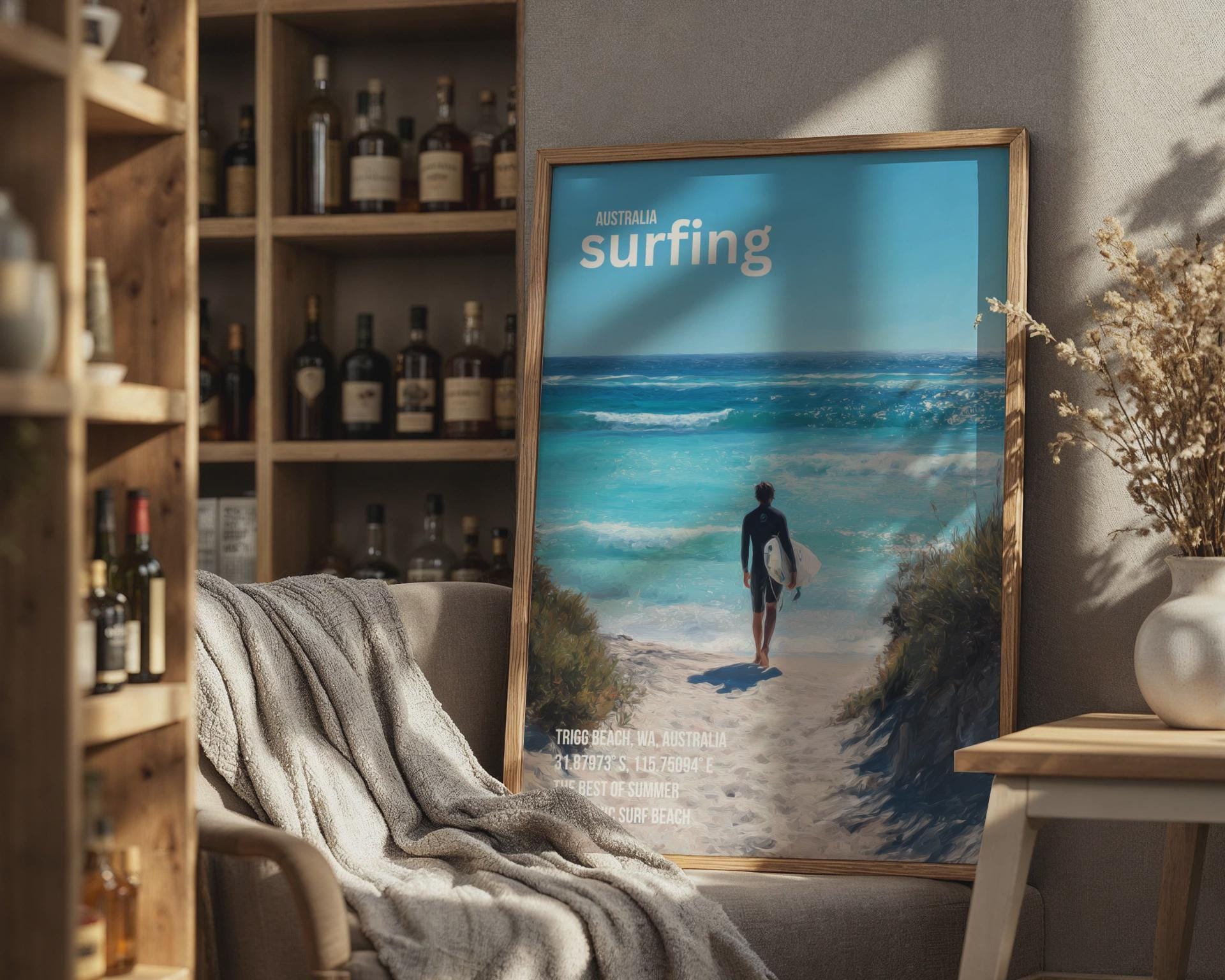 Surfing Poster Trigg Beach Australia Art Print - Travel Wall Art