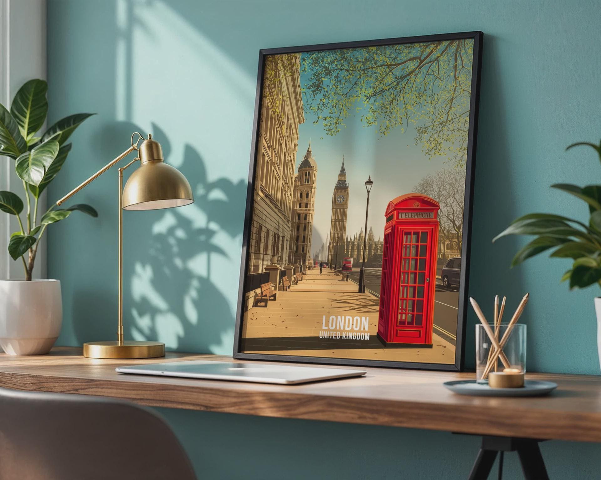 London Travel Poster Art Print Featuring Red Telephone Box and Big Ben - Travel Wall Art