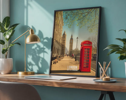 London Travel Poster Art Print Featuring Red Telephone Box and Big Ben - Travel Wall Art