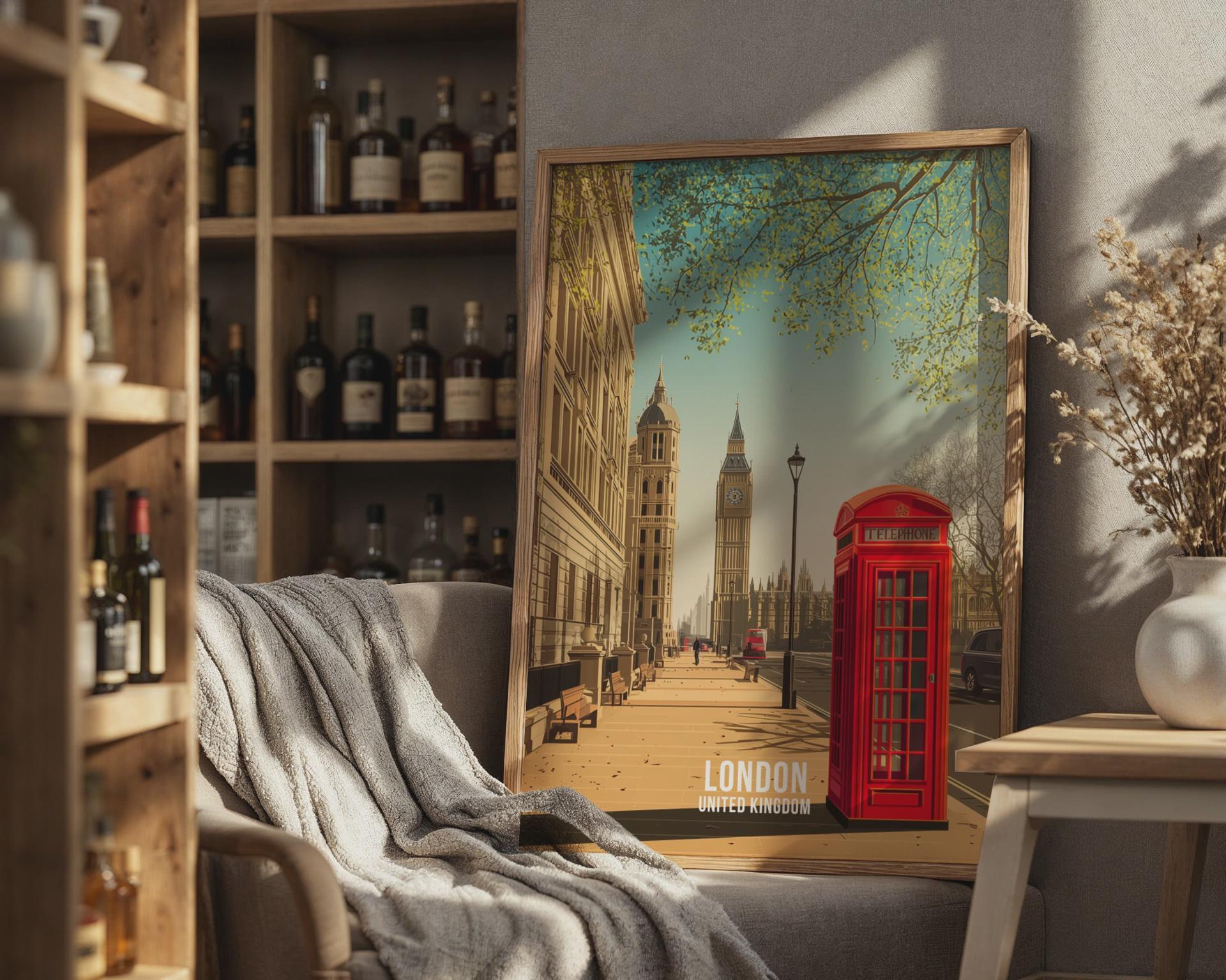 London Travel Poster Art Print Featuring Red Telephone Box and Big Ben - Travel Wall Art