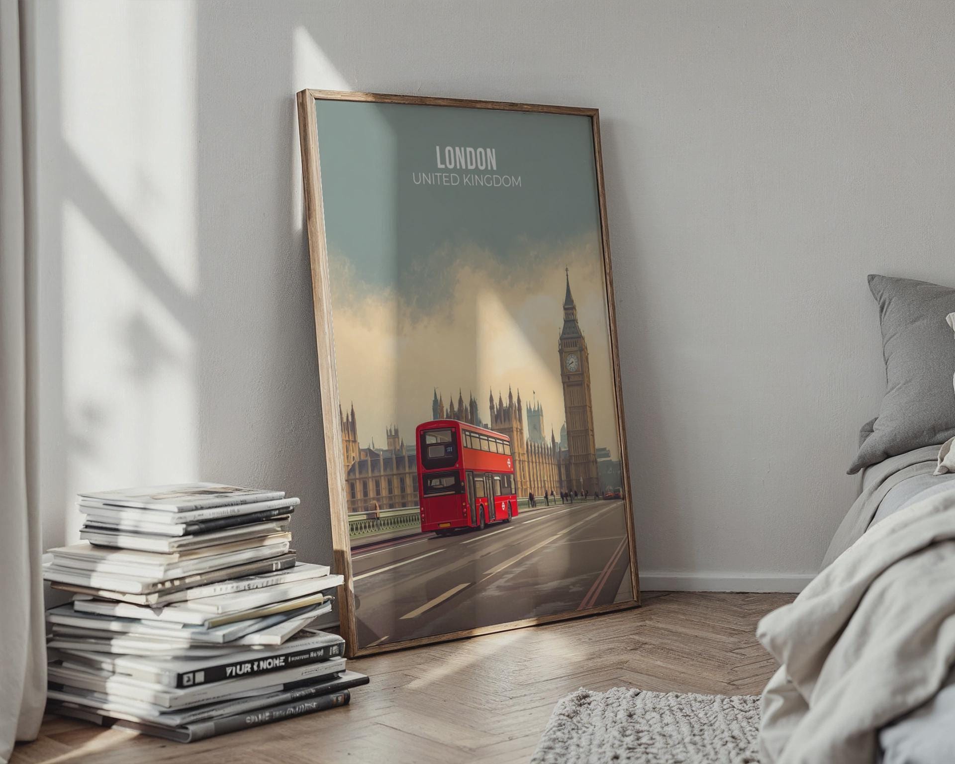 Red London Bus Art Print Big Ben Cityscape Poster - Travel Wall Art