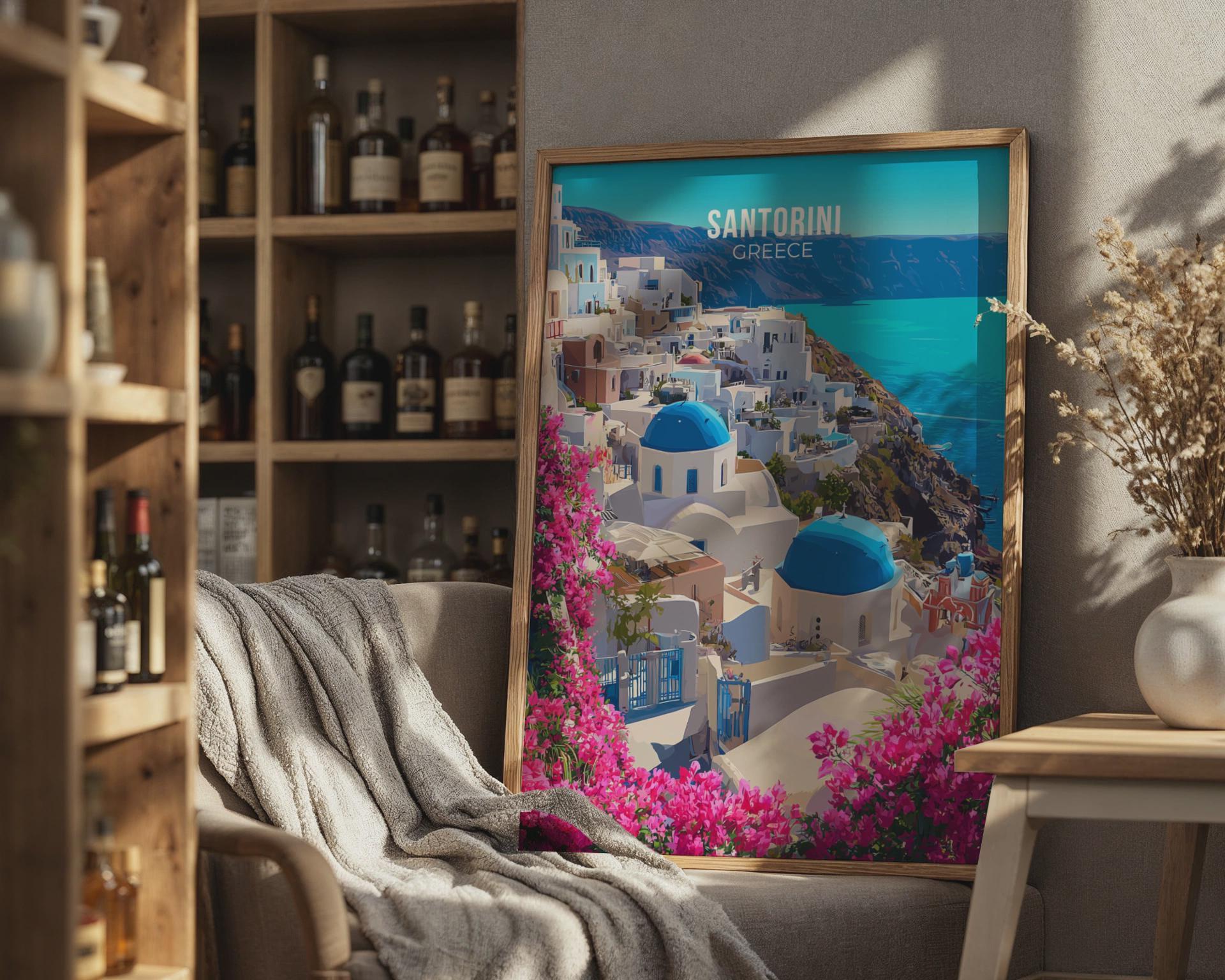 Santorini Greece Poster Wall Art with Blue Domes and Bougainvillea - Travel Wall Art