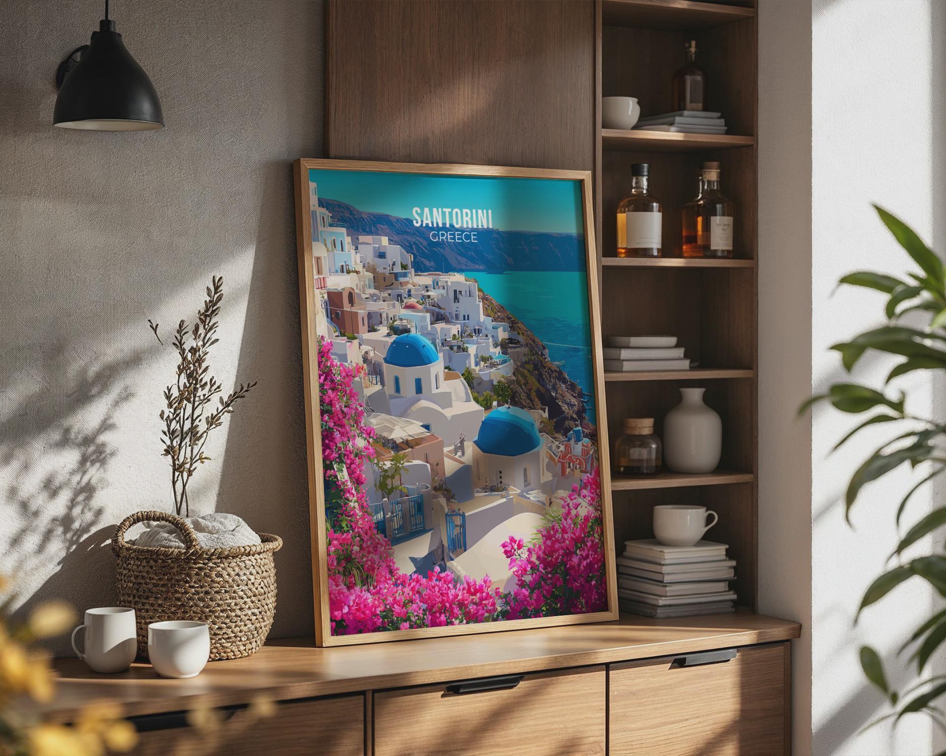 Santorini Greece Poster Wall Art with Blue Domes and Bougainvillea - Travel Wall Art