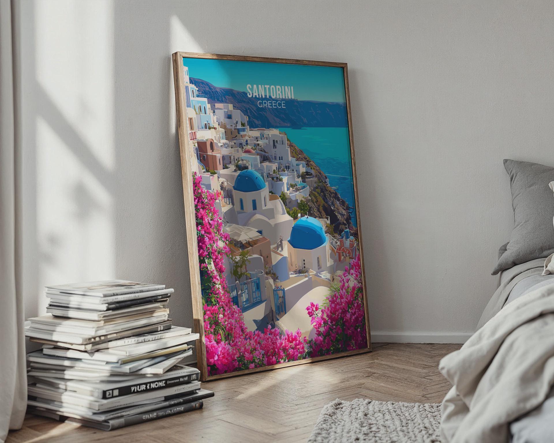 Santorini Greece Poster Wall Art with Blue Domes and Bougainvillea - Travel Wall Art