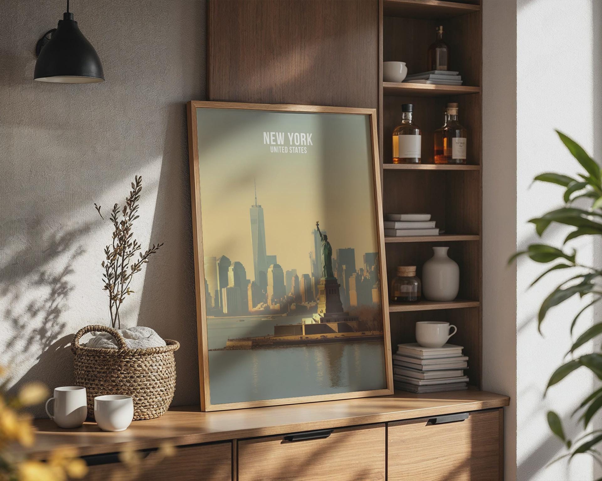 New York City Skyline Poster with Statue of Liberty Wall Art Print - Travel Wall Art