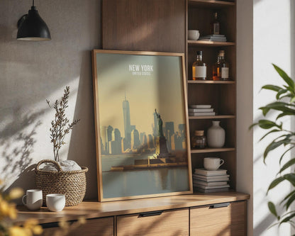 New York City Skyline Poster with Statue of Liberty Wall Art Print - Travel Wall Art