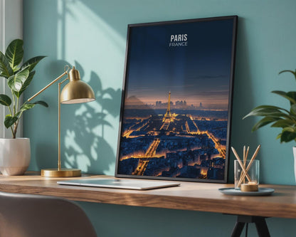 Paris France Cityscape Poster Eiffel Tower Night Wall Art Print - Travel Wall Art