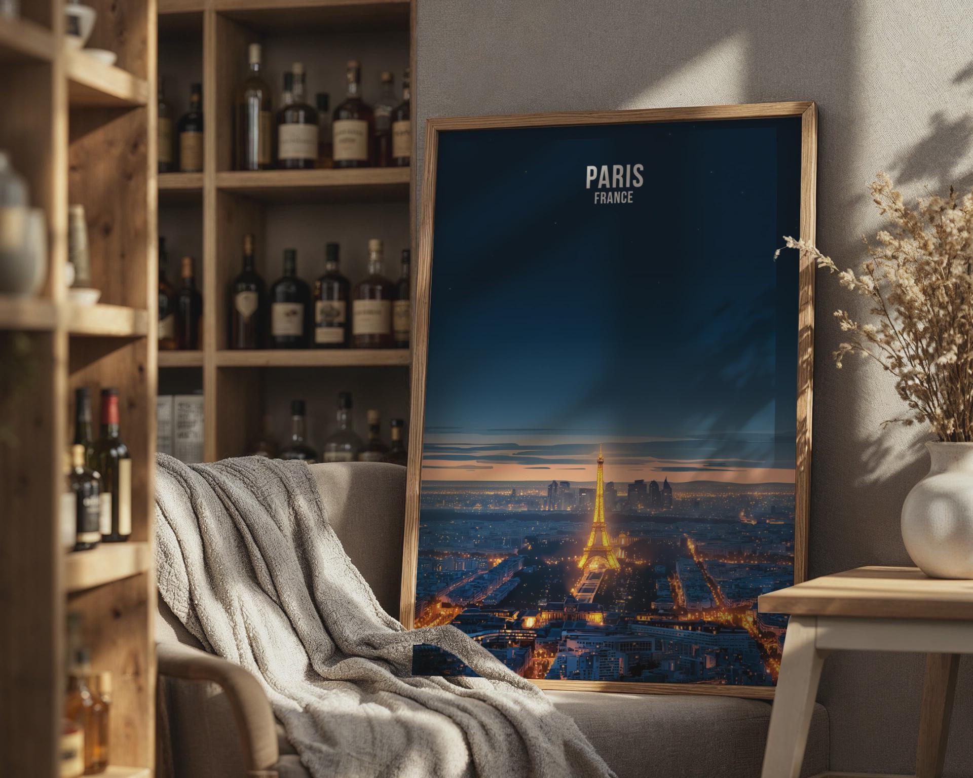 Paris Night Skyline Print Eiffel Tower Wall Art Paris France Poster - Travel Wall Art