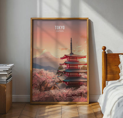 Tokyo Japan print featuring Mount Fuji and cherry blossoms wall art - Travel Wall Art