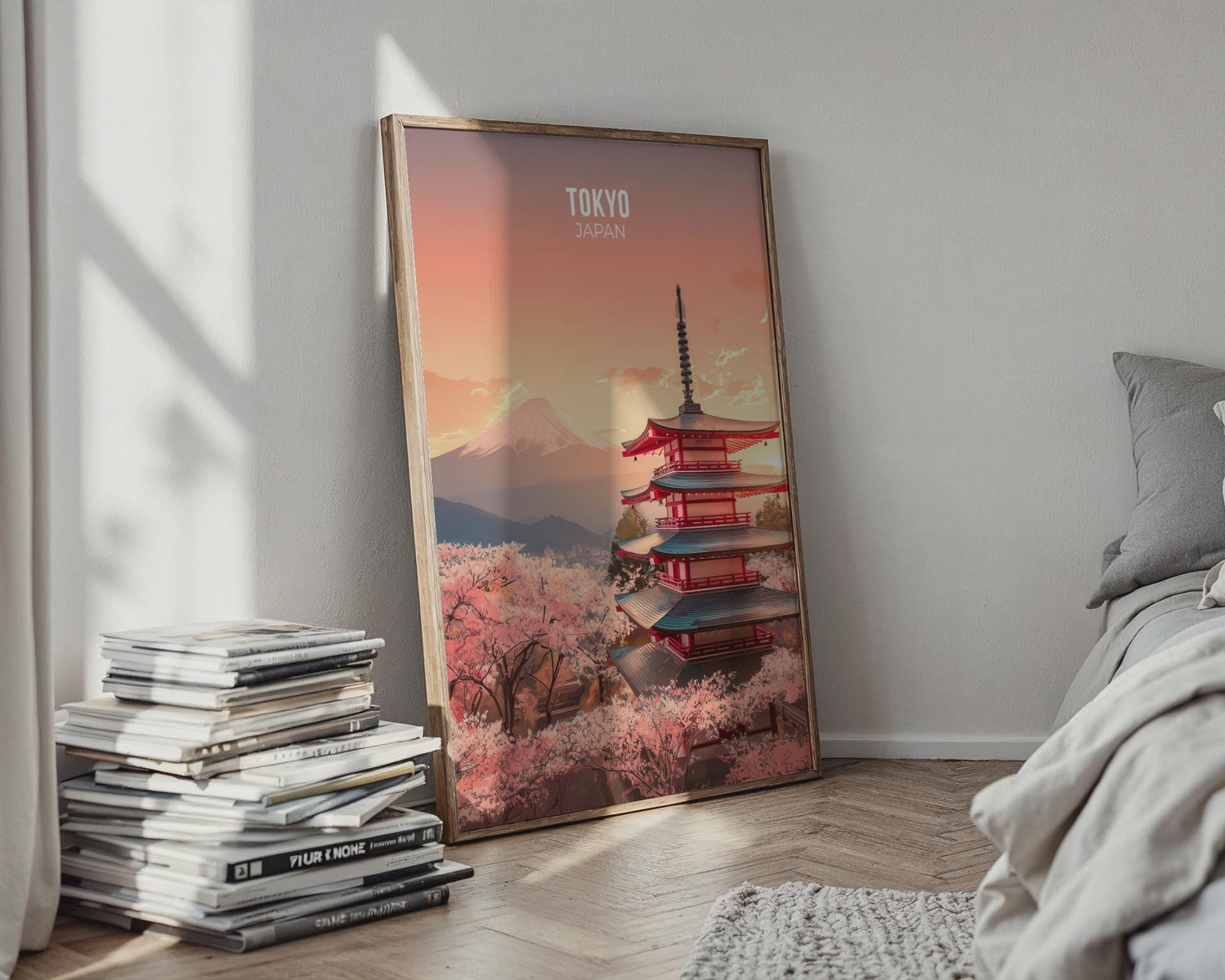 Tokyo Japan print featuring Mount Fuji and cherry blossoms wall art - Travel Wall Art