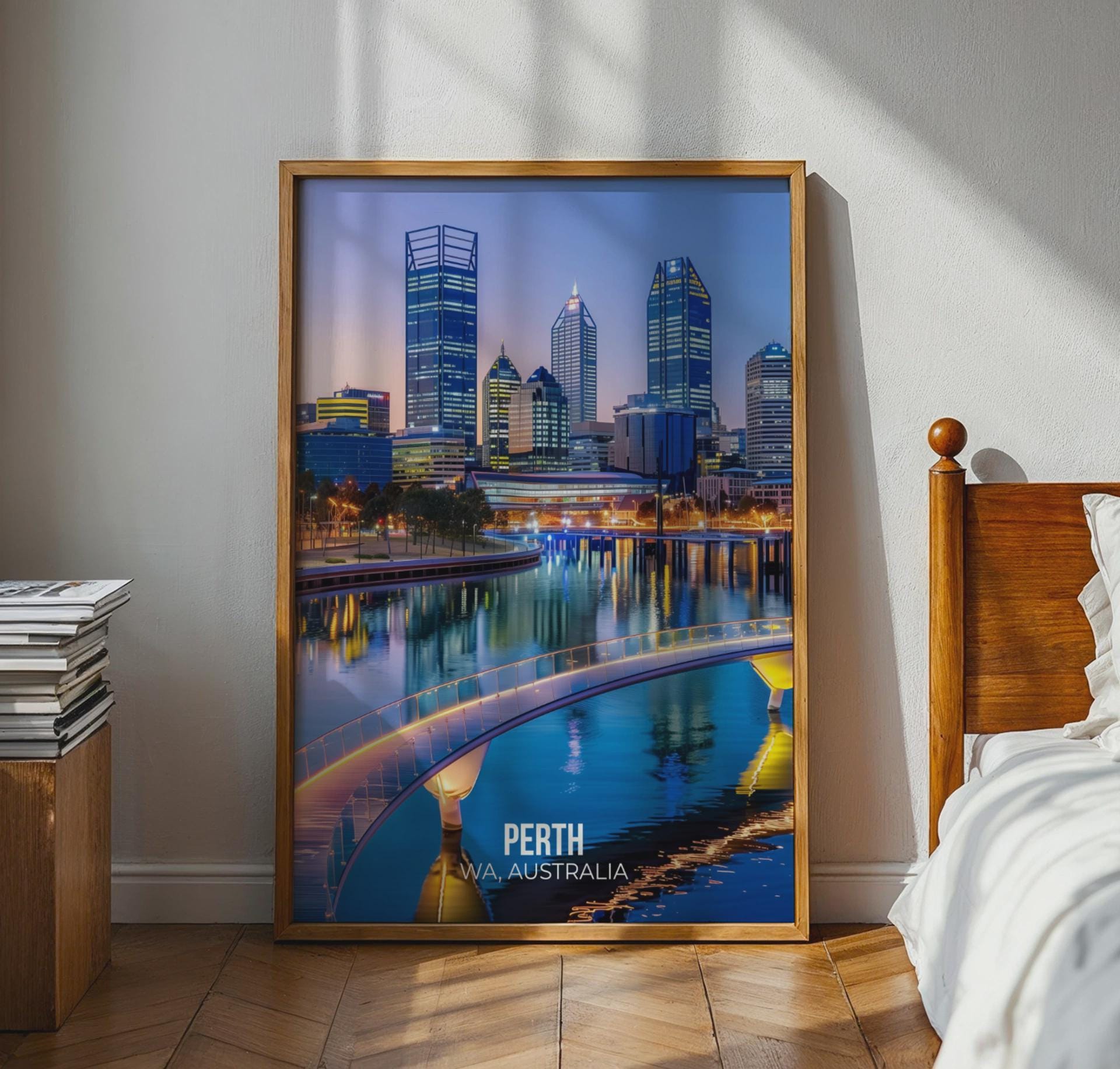 Perth Cityscape Print Water Reflection Night Lights Wall Art - Travel Wall Art