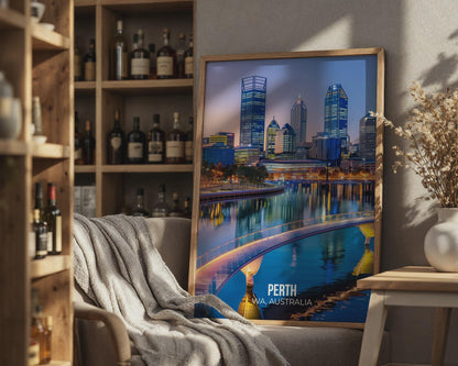 Perth Cityscape Print Water Reflection Night Lights Wall Art - Travel Wall Art
