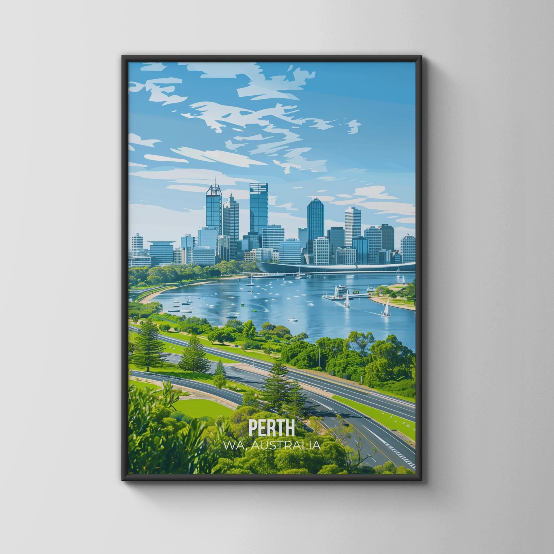 Perth Cityscape Poster WA Australia Art Print - Travel Wall Art