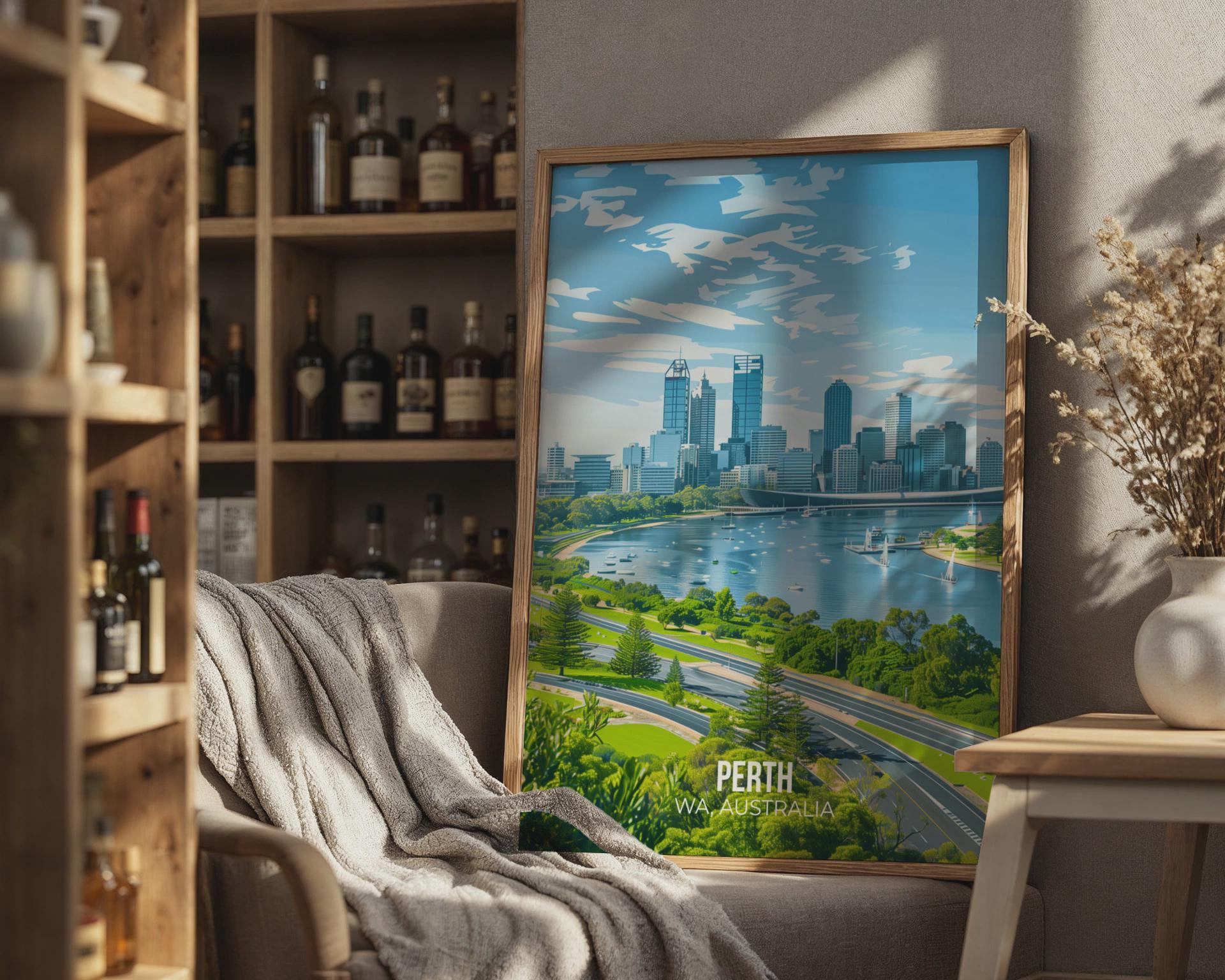 Perth Cityscape Poster WA Australia Art Print - Travel Wall Art