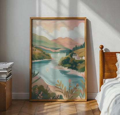 Illustrative Travel Landscape Poster Scottish Highlands Lake Art - Travel Wall Art
