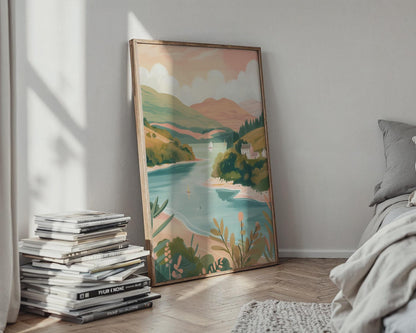 Illustrative Travel Landscape Poster Scottish Highlands Lake Art - Travel Wall Art