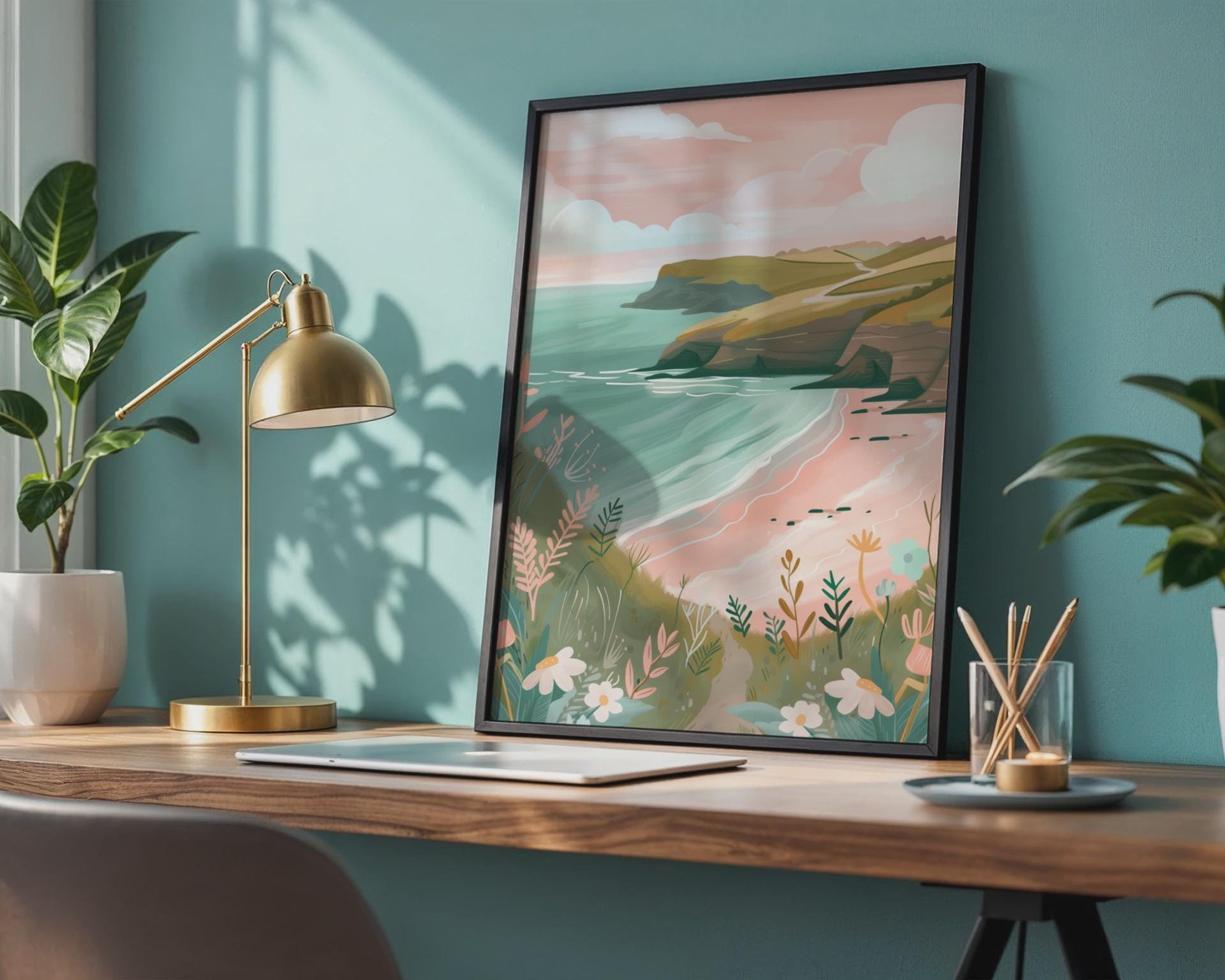 Coastal Landscape Poster with Sea and Floral Elements Art Print - Travel Wall Art