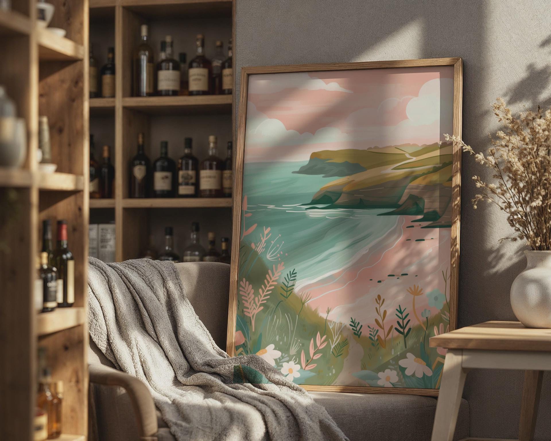 Coastal Landscape Poster with Sea and Floral Elements Art Print - Travel Wall Art