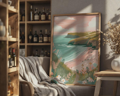 Coastal Landscape Poster with Sea and Floral Elements Art Print - Travel Wall Art