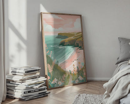 Coastal Landscape Poster with Sea and Floral Elements Art Print - Travel Wall Art