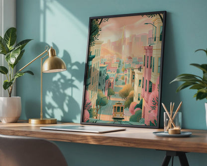 San Francisco Cityscape Cable Car Wall Art Poster - Travel Wall Art