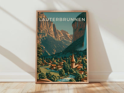 Lauterbrunnen Vintage Swiss Poster Mountain Landscape Art Print - Travel Wall Art