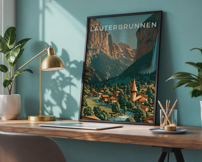 Lauterbrunnen Vintage Swiss Poster Mountain Landscape Art Print - Travel Wall Art