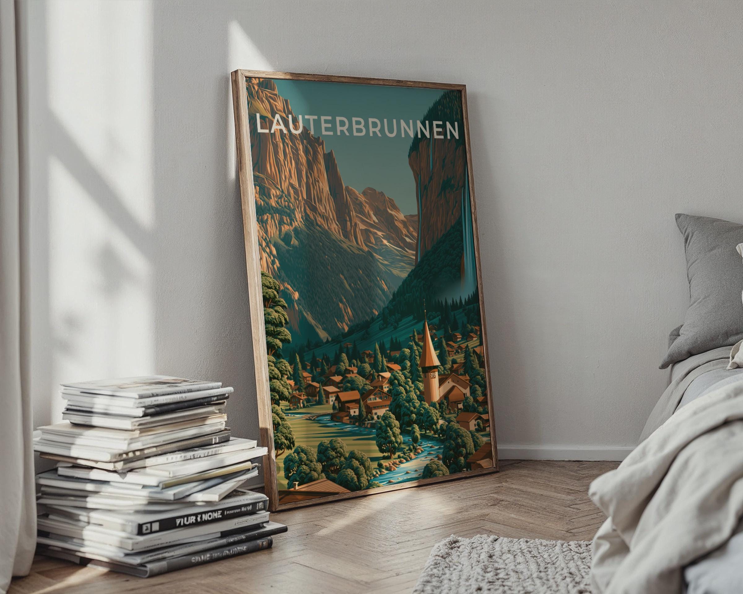 Lauterbrunnen Vintage Swiss Poster Mountain Landscape Art Print - Travel Wall Art