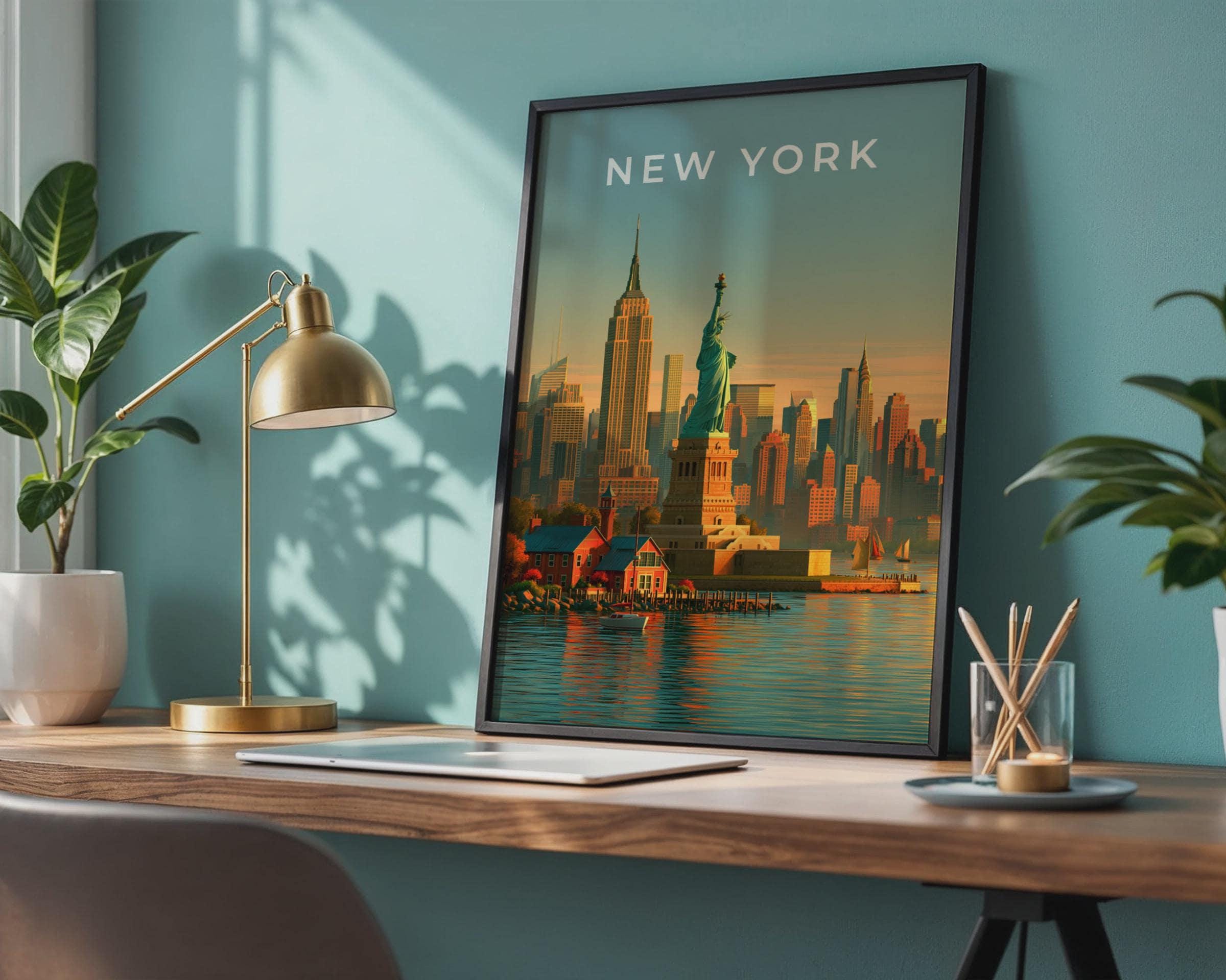 New York Cityscape Poster Statue of Liberty Wall Art Print - Travel Wall Art
