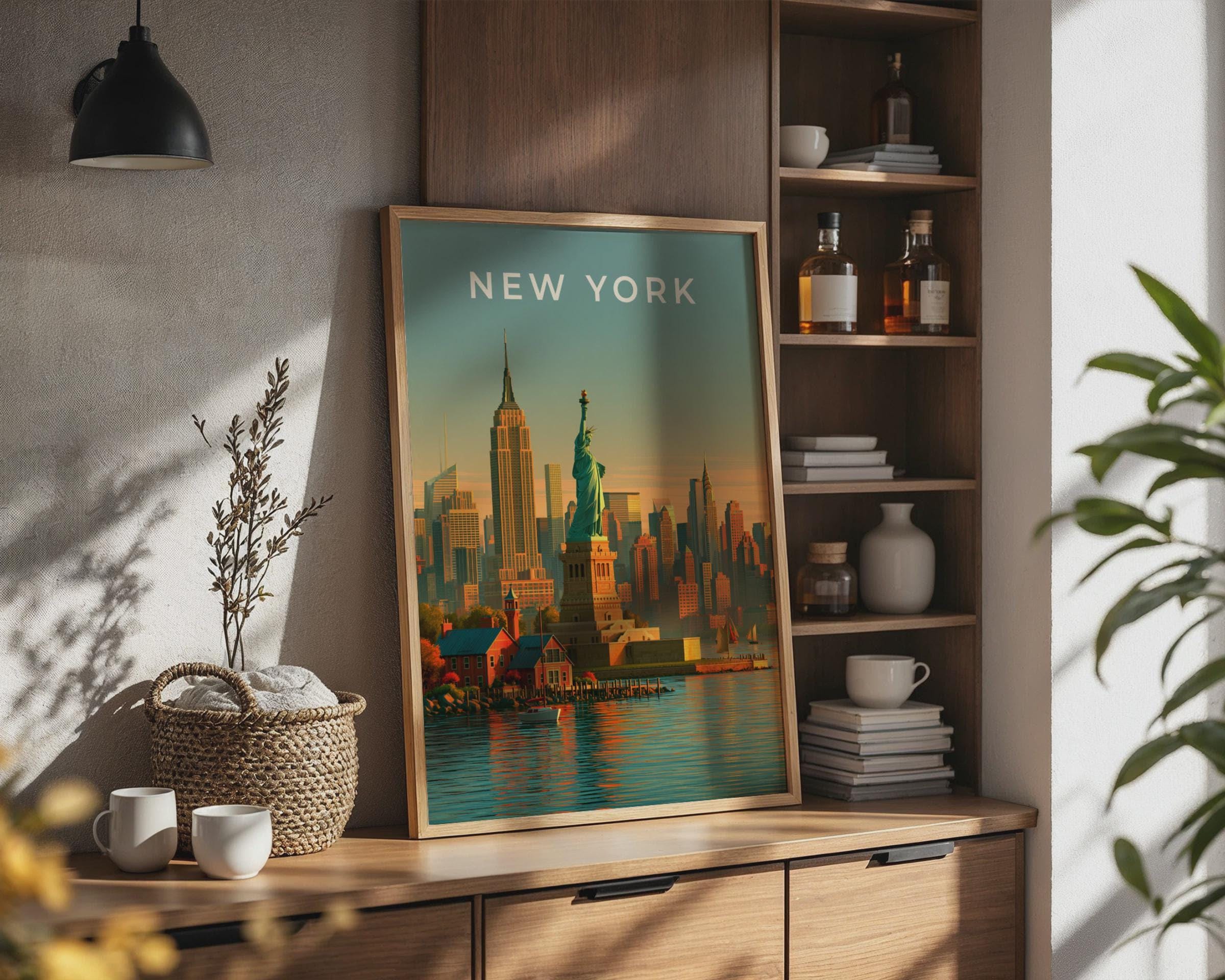 New York Cityscape Poster Statue of Liberty Wall Art Print - Travel Wall Art