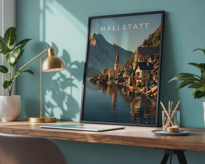 Hallstatt Lake View Poster Austrian Village Landscape Art - Travel Wall Art