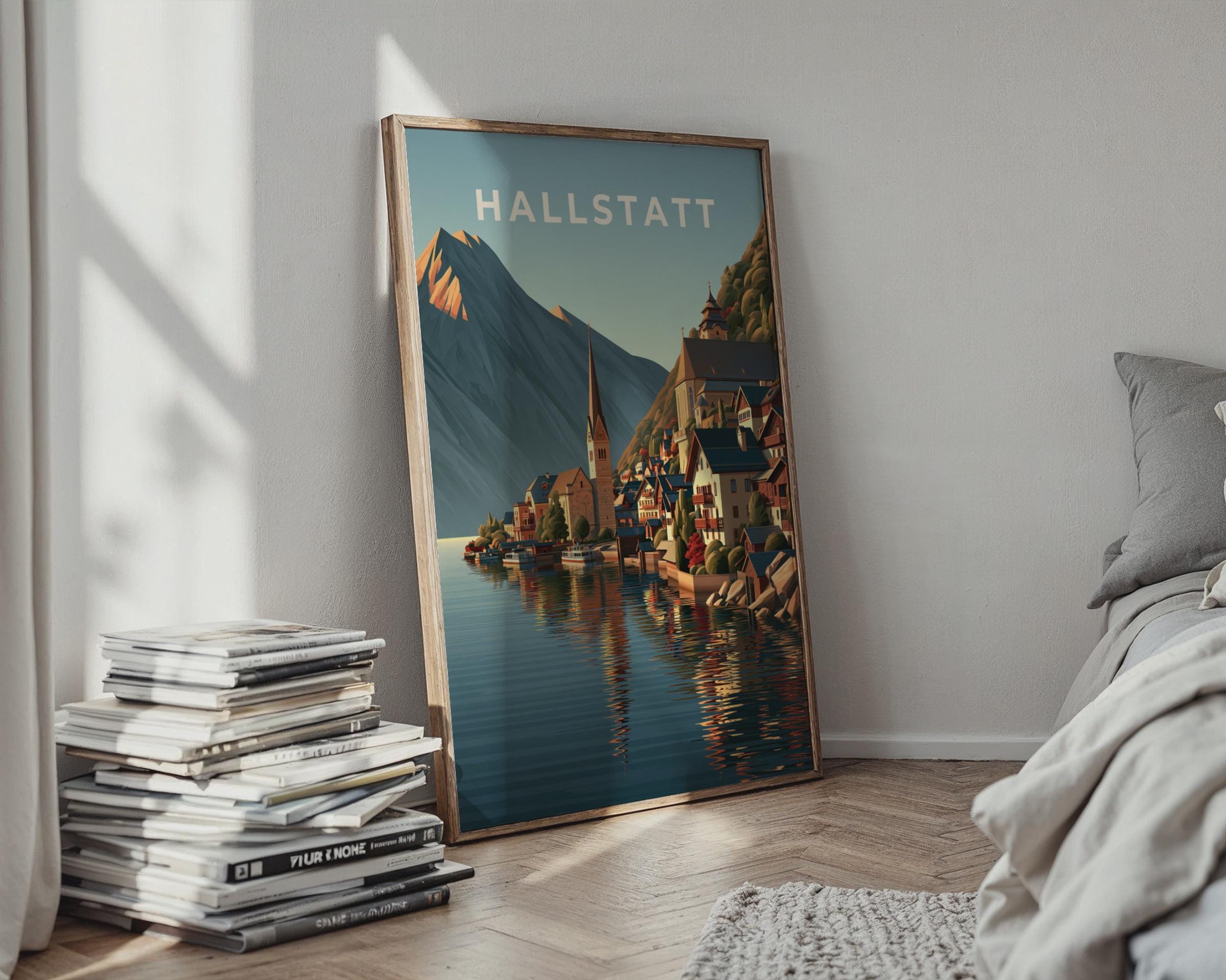 Hallstatt Lake View Poster Austrian Village Landscape Art - Travel Wall Art