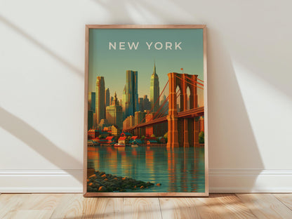 New York Skyline Art Brooklyn Bridge Cityscape Wall Art Print - Travel Wall Art