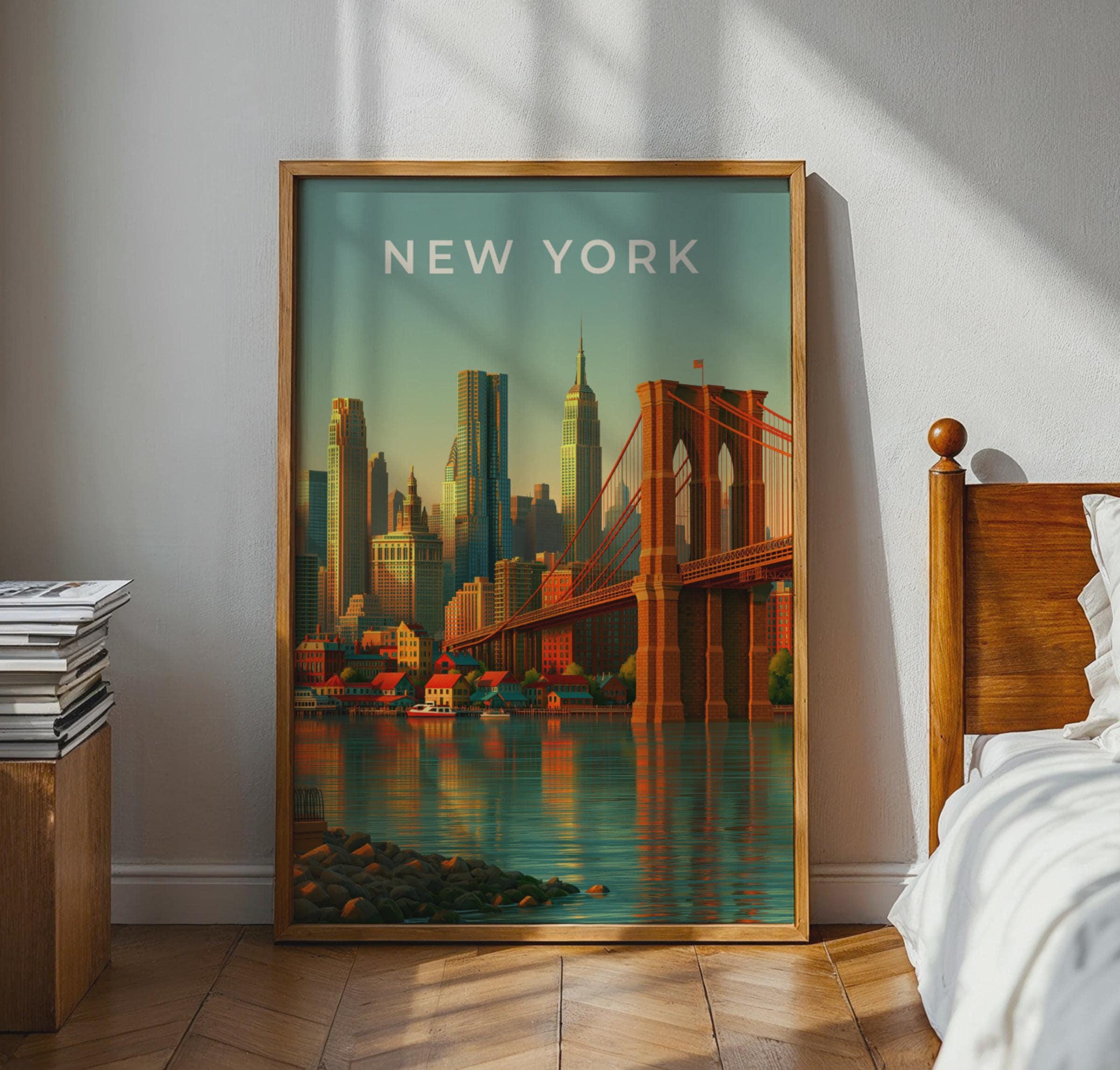 New York Skyline Art Brooklyn Bridge Cityscape Wall Art Print - Travel Wall Art