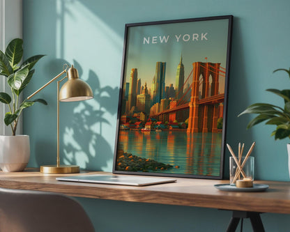 New York Skyline Art Brooklyn Bridge Cityscape Wall Art Print - Travel Wall Art