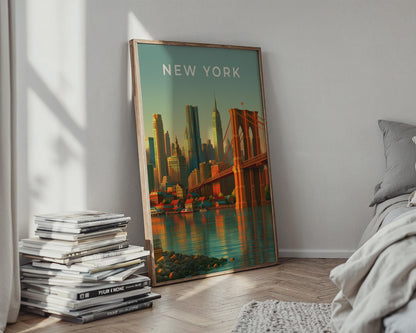 New York Skyline Art Brooklyn Bridge Cityscape Wall Art Print - Travel Wall Art